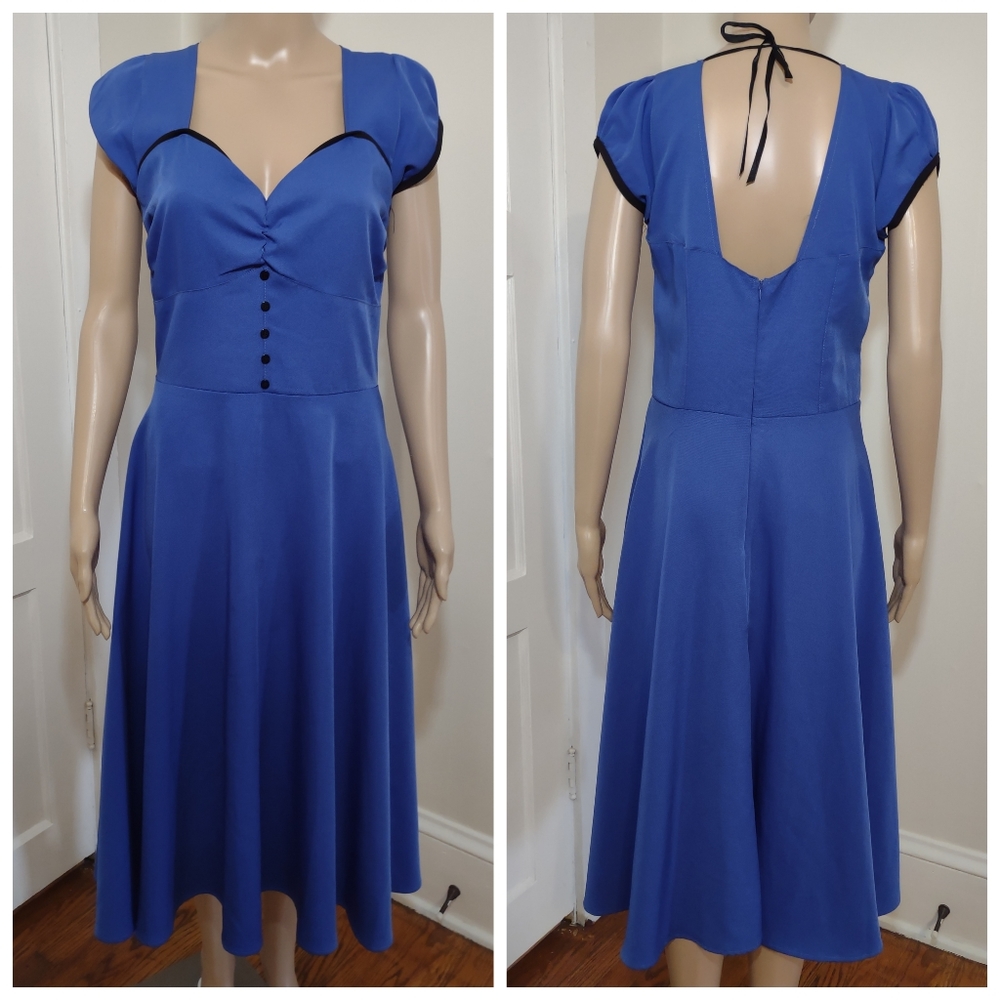 Lindy Bop Retro Pinup Rockabilly Royal Blue Fit Flare Stretch Swing Dress M / 12